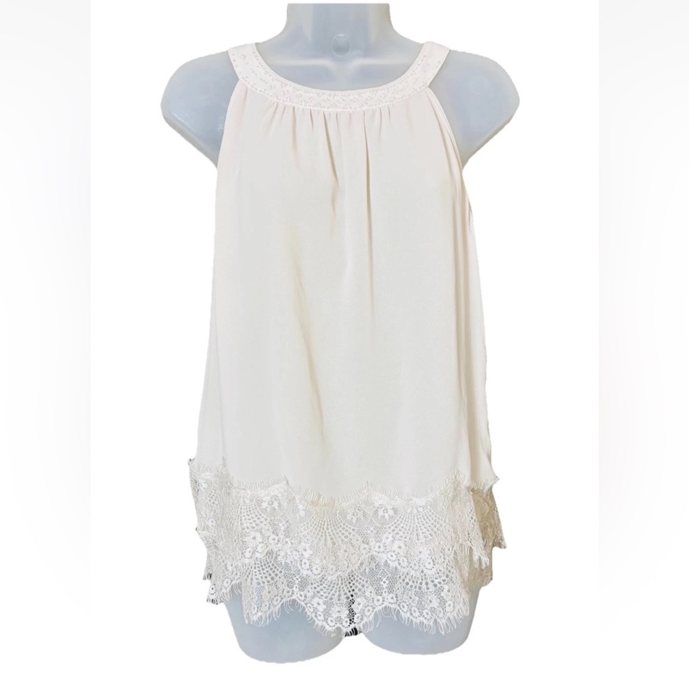 White House Black Market  XS Lace Beaded Semi Sheer Lace Top Cami Light Beige